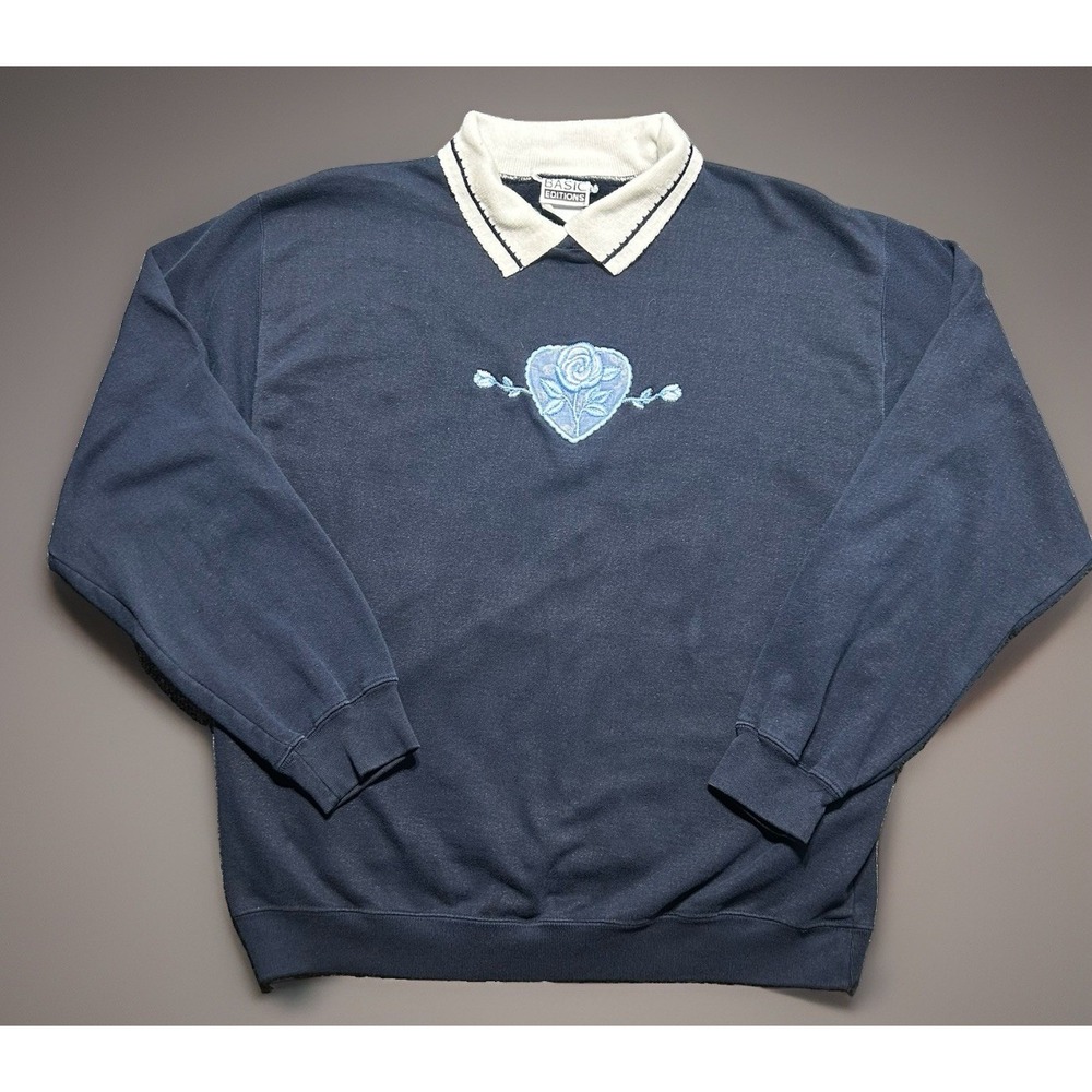 VTG 90s Basic Editions Collared Sweatshirt Womens Medium Navy Blue Floral Rose